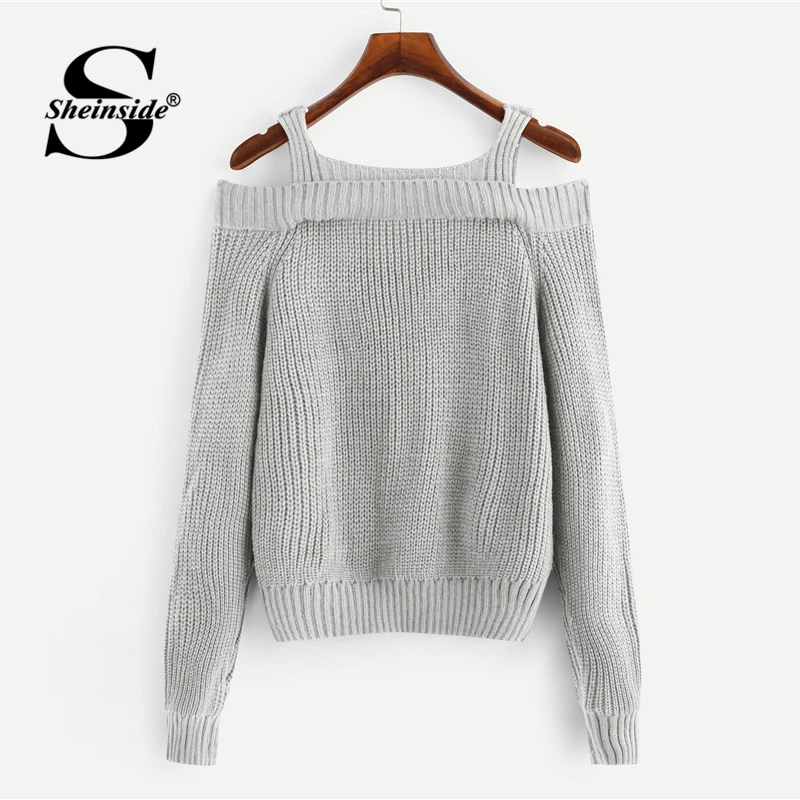 Продажа Sheinside Повседневный серый Одноцветный свитер с открытыми плечами, на бретелях, на шее, с длинным рукавом, пуловеры 2018, Осень зима, женские улич...