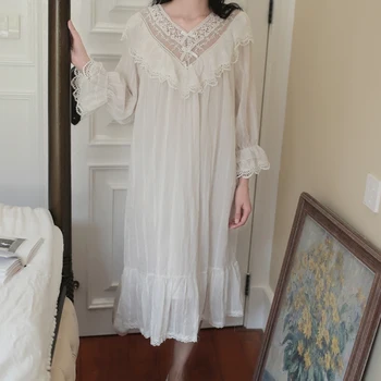 

RenYvtil Princess Court Nightgown Gauze Vintage Royal Nightdress Lace Elegant Sleepdress Lotus Leaf Sweet Home Wear Bride Women