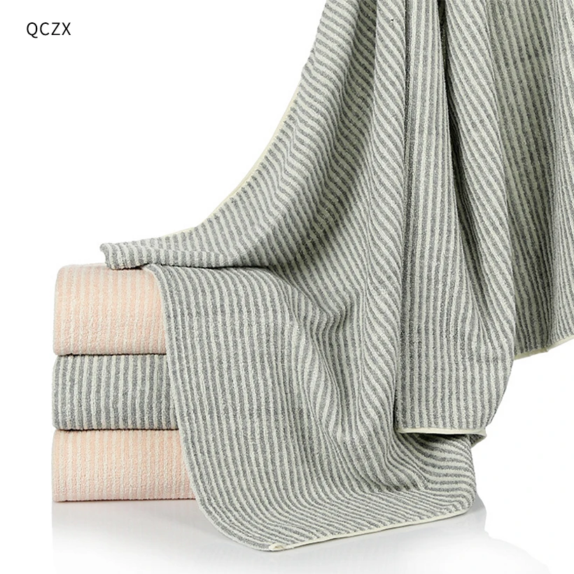 

QCZX 1PC 100% Striped cotton bath towe 70X140cm Solid Color Hotel Towel Large Soft Absorbent Cotton Beach Towel D35