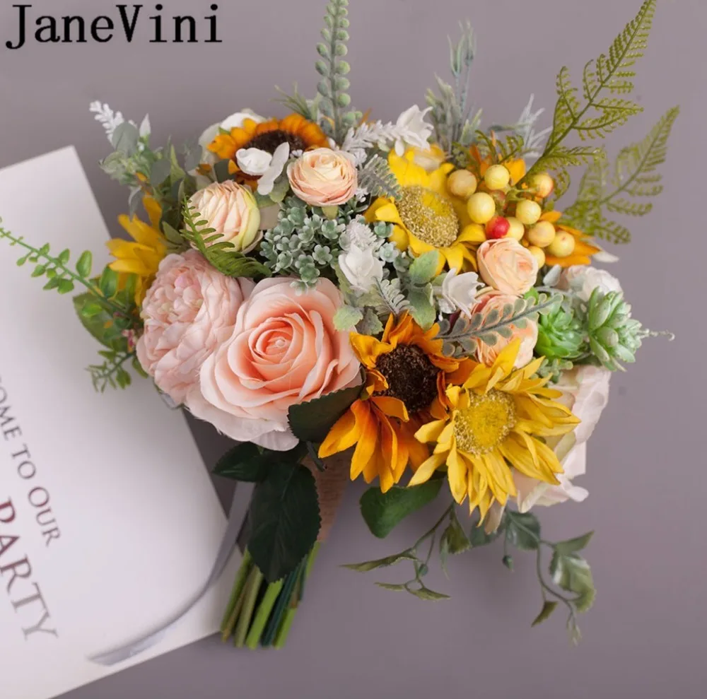 JaneVini желтые Свадебные цветы букеты Искусственные подсолнухи шелковые розы броши
