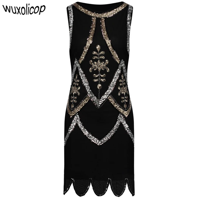 Women Little Black Dress 1920s Fler Gatsby Charleston Sequin Bead Women Little Black Dress 1920s Fler Gatsby Charleston Sequin Bead Vintage O Neck Sleeveless Embroidery