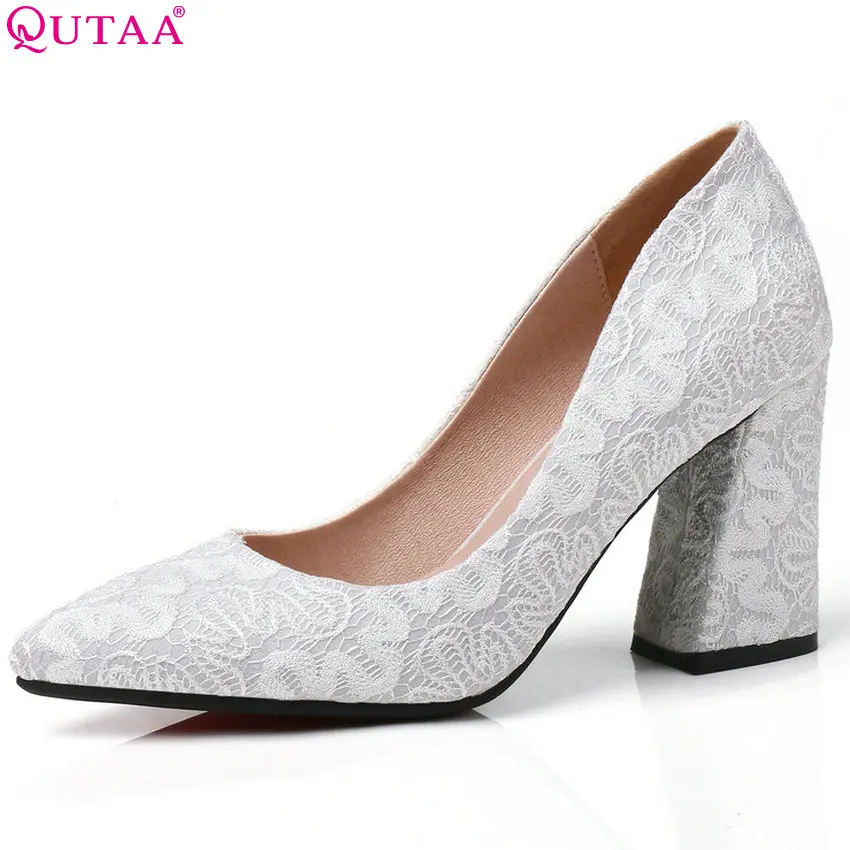

QUTAA 2018 Women Pumps Pointed Toe Women Wedding Shoes Square High Heel Red Slip on All Match Platform Ladies Pumps Size 34-43