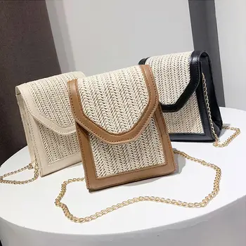 

Fashion Straw Leather Woven Women's Flap Handbags Hasp Small Shoulder Bags Portable Female Metal Chains Straps Crossbody Bags