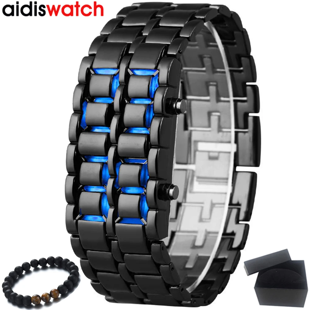 

Aidis Top Luxury Brand Men Women Watch Lava Iron Samurai Metal LED Faceless Digital Wristwatches Sports Military Watches Clock