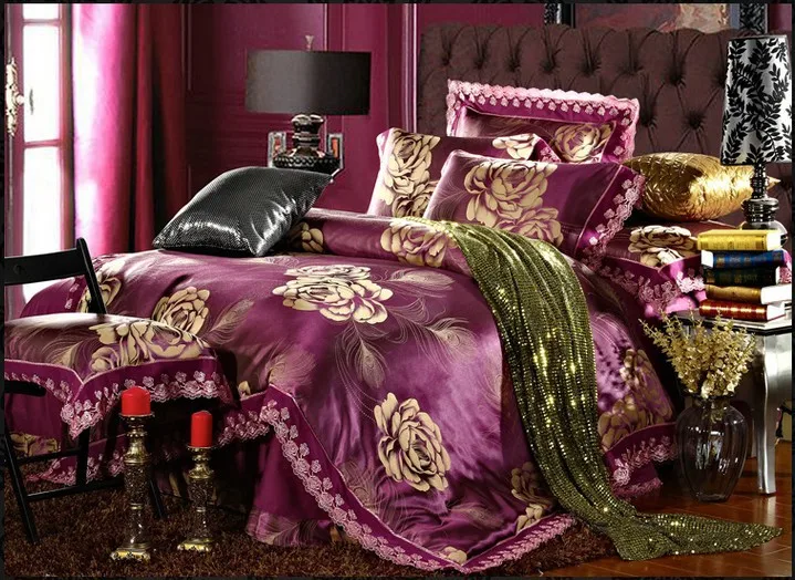 Luxury deep purple floral lace jacquard satin bedding set