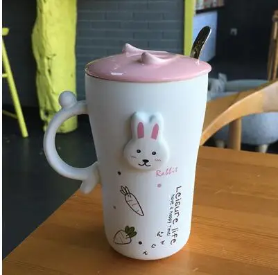 Drinkwaer милый зайчик с крышкой Ложка марка чашка креативная чашка кофе для завтрака офисная питьевая вода керамическая чашка - Цвет: 1