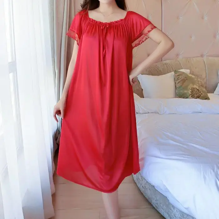 Ladies Nightgown Soft Crew Collar Short Sleeve Long Sleeping Dress NSV775