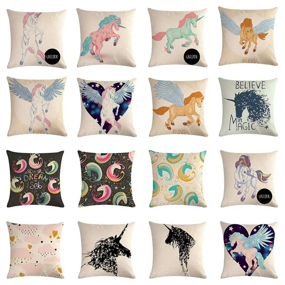 Unicorn Cushion Cover Cotton Linen Throw Pillow Cover For Car Office Bed Chair Decorative 45*45cm  Pillow Case