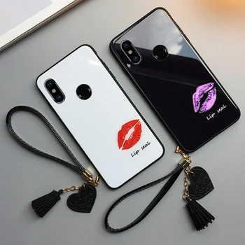 

BONVAN For Huawei P30 lite Nova 4e Tempered Glass Case Lip print Hard Cover For Huawei Nova 4e P30 lite Tassel lanyard Fundas