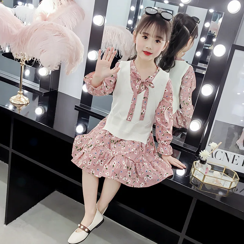 

2019 Back To School Outfit Fall Girls Clothes Set Floral Princess Dress + Vest Coat 2pcs Children Clothes Teen Girls Clothing 12