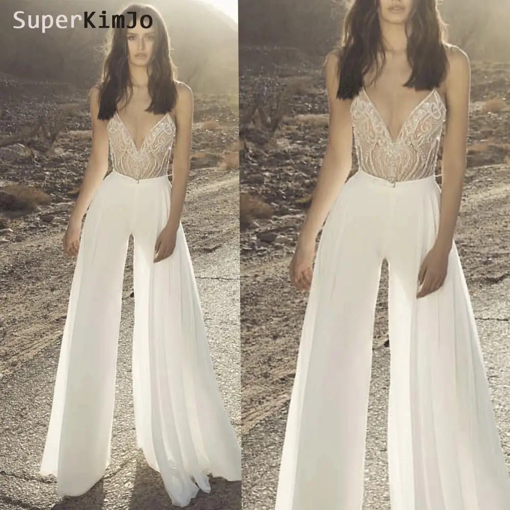 Комбинезоны для женщин Роскошные брюки для свадьбы с кружевной аппликацией и бусинами Vestido De Novia