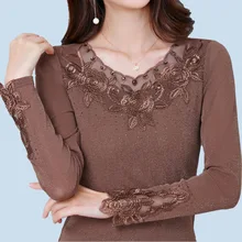 Женская футболка Осенняя вышитая с длинным рукавом сетка горный хрусталь джемпер