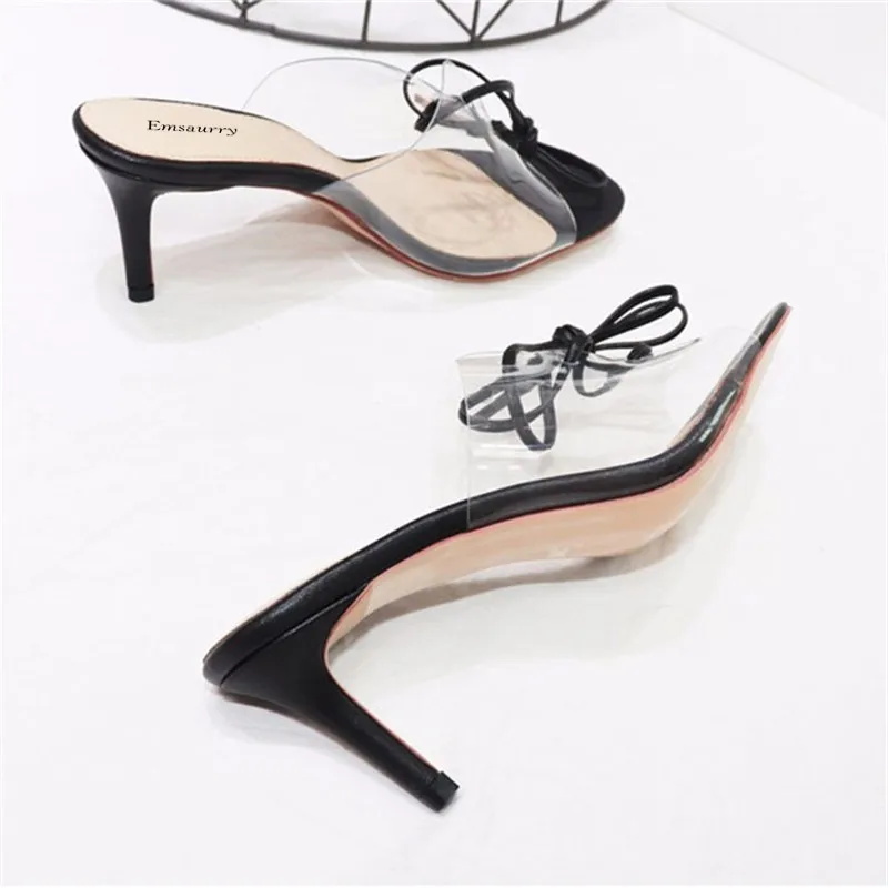 Toe Noir rose Transparent Croix Peep Black D'été Talon Diapositives Pvc Stiletto Femmes Pantoufles Liée Sandalias Fqn6Xfvxt