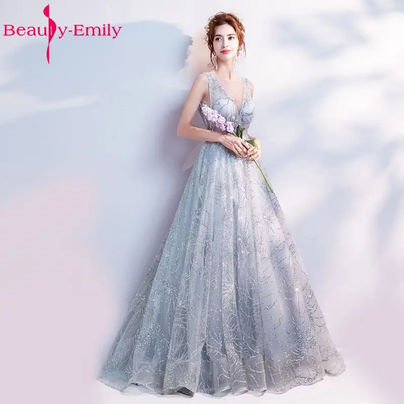 

Beauty Emily A Line Vintage Flower Evening Dresses 2020 Long Silver Sleeveless Floor Length Party Prom Dress reflective dress