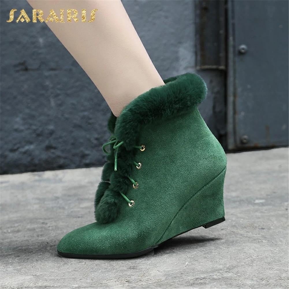 

SARAIRIS Cow Suede Leather 2018 Fashion Wedge High Heels Women Shoes Woman Boots Lace Up Ankle Boots Pointed Toe Shoes Woman