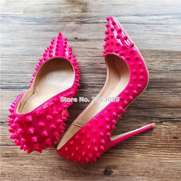 ALMUDENA, 8, 10, 12 см; туфли на шпильке с острым носком и заклепками; красные, розовые, черные свадебные туфли с шипами; модельные туфли-лодочки с шипами; размер 45 - Цвет: fuchsia 12cm heel