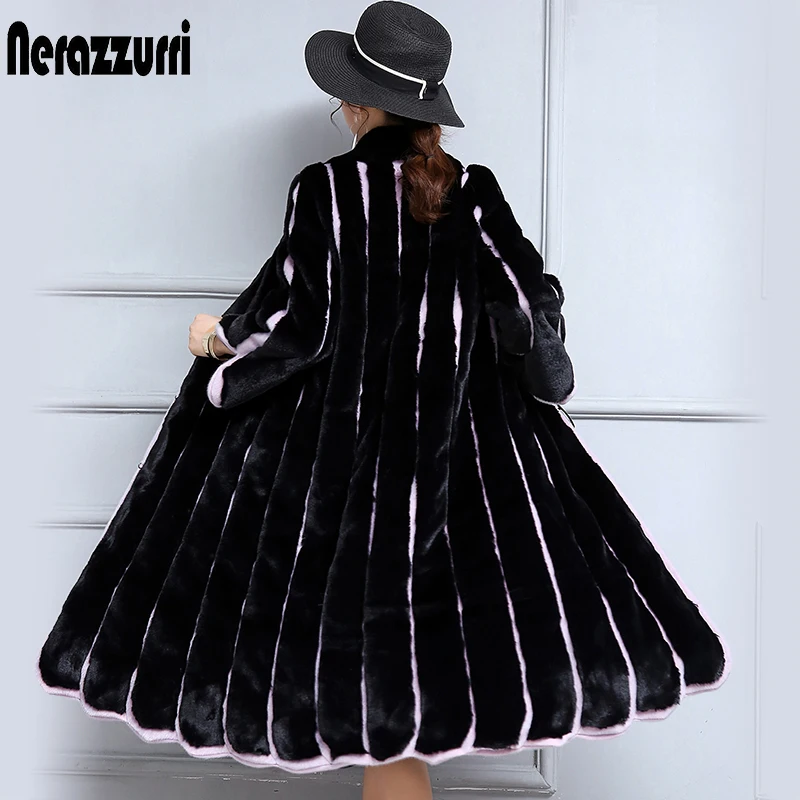 

Nerazzurri 2017 New Women Faux Fur Coat Long Black and Purple Contrast Color Striped Patchwork Loose Overcoat Plus Size 5XL 6XL