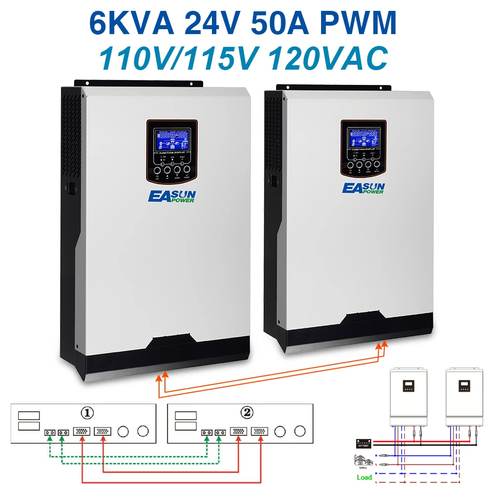 Источник питания Easun солнечный инвертор 110V 120Vac 6Kva 4800W 24Vdc безсеточный инвертор 50A PWM Чистая синусоида Инвертор 60A зарядное устройство