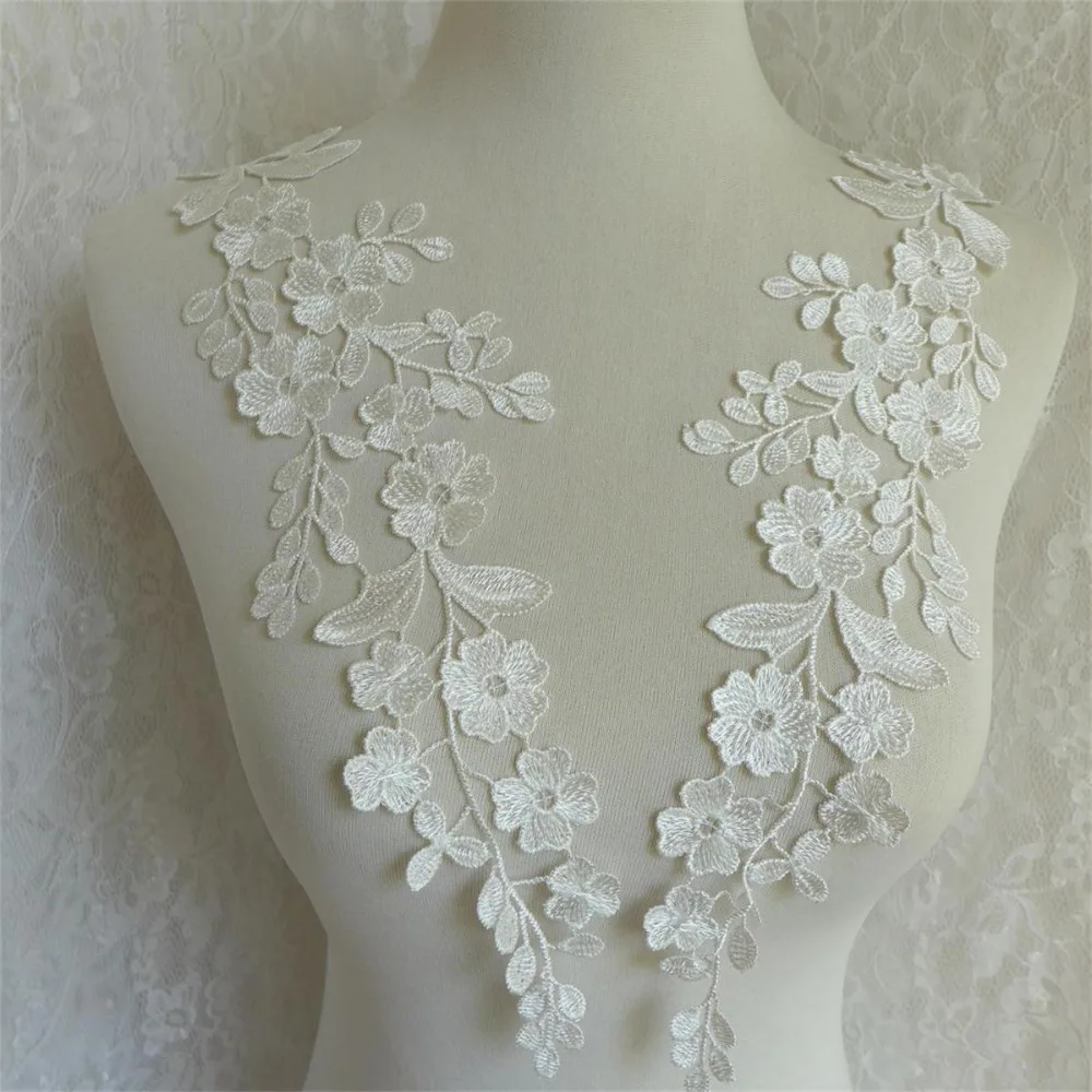 Bridal Lace Applique Floral Soft Wedding Motif Ivory Lace Applique Trim 1 Pair