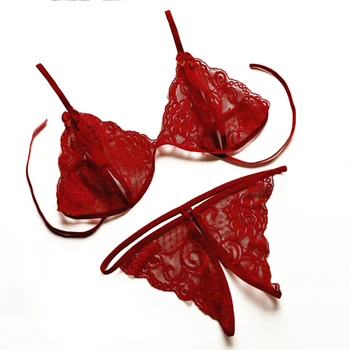 

2019 New Women Transparent Bra Lingerie Set Sexy Lace Thong Underwear Low-waisted Close-fitting Open Crotch G-string Bra Set