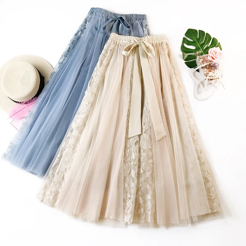 KL385 Лидер продаж Для женщин кружевные юбки элегантный сетка; с высокой талией юбка для женщин Костюмы корейский стиль Летняя длинная юбка