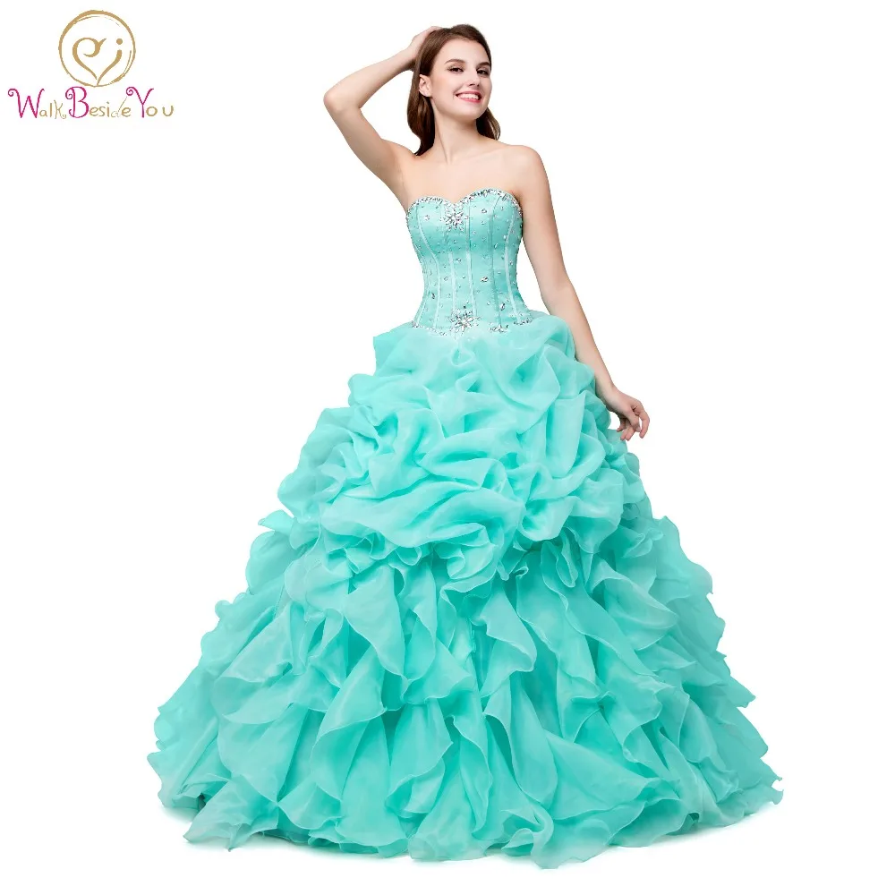 

In Stock Organza Ruffled Lime Pink Green Quinceanera Dress for 15 years Cheap Ball Gown Sweetheart AB Stones Dresses