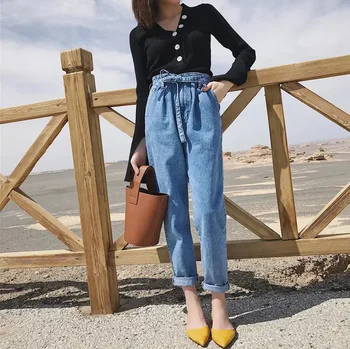 

MingJieBiHuo fashion woman jeans Korean new arrival OL lady Casual loose jeans with zipper high waisted Harem Pants jeans