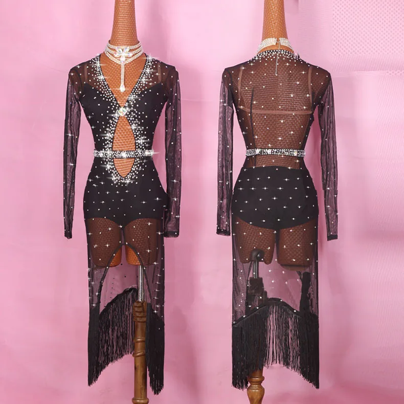 

Женское блестящее платье с кристаллами для латиноамериканских танцев, профессиональный костюм для бахромы, костюм самбы, красочный женский костюм для Бальных соревнований