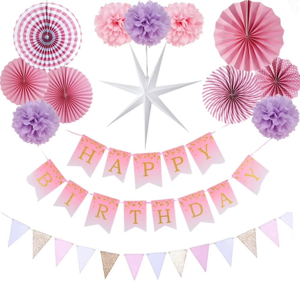 Для девочек на день рождения декоративный комплект эффектом деграде(переход от темного к розовый плакат "с днем рождения" блеск знамя флаги бумажный веер розетка гирлянда со звездочками с цветами и красивыми помпонами
