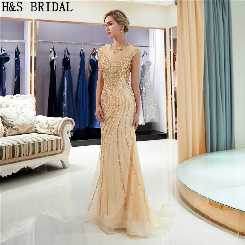 H & S свадебный золото Кепки рукавом вечернее платье О-образным вырезом Кристалл Бисер Русалка вечернее платье es вечернее платье из тюля