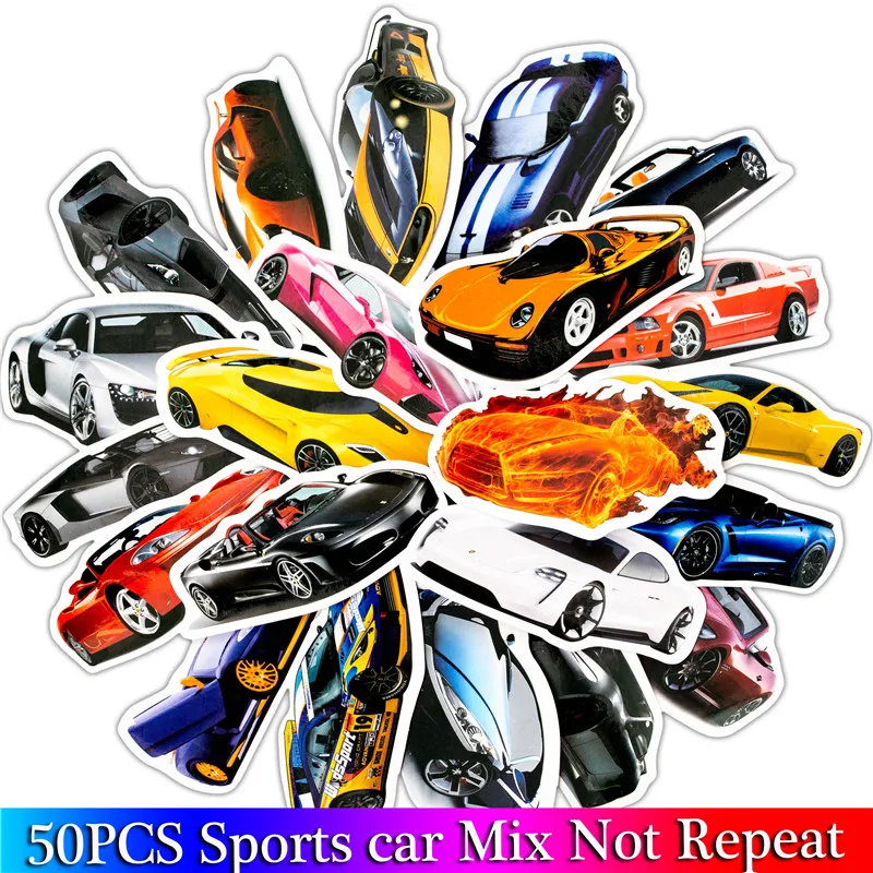 50PCS Pack Sports Car Stickers Set  Car Fan Stickers For Luggage Skateboard Laptop Guitar Fridge Bicycle Stickers  (2)