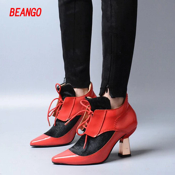 

BEANGO 2017 New Coming Women Ankle Boots Spring and Autumn Real Leather Horsehair Strange Heel Short Boots Color Match Shoe