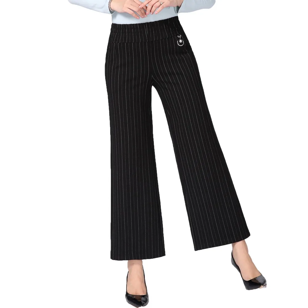 Women Elegant Pants Wide Leg Trousers Black Pantalones Vertical Stripe Pant Woman High Elastic Waist Trouser Plus Size Bottoms