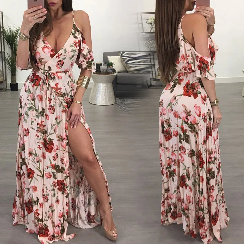 

new arrival summer dress 2019 suspenders boho robe longue femme long dress elegant flower backless dress ladies dresses