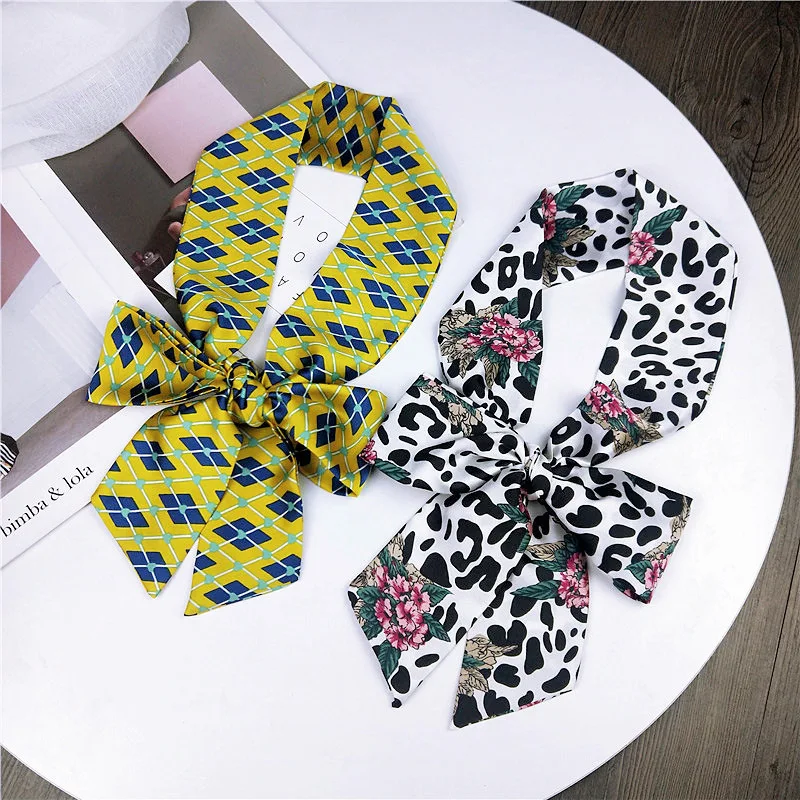 

women handle bag wrist hair multifunctional printed silk feeling satin narrow thin long small ribbon scarf tie neckerchief