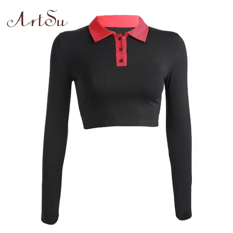 

ArtSu Korean Fashion Black White Long Sleeve Shirt Women Tee Shirt Turn-down Collar Crop Top Sexy Letter Printed Tops ASTS20553