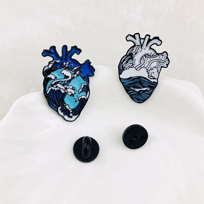 

2019 Ocean Wave And Whale Pin Blue Human Heart Lapel Pins Anatomical Heart Enamel Pin Heart Anatomy Badges