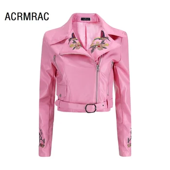 

Women jacket Slim spring Autumn coat embroidery PU Long sleeve short jacket Woman