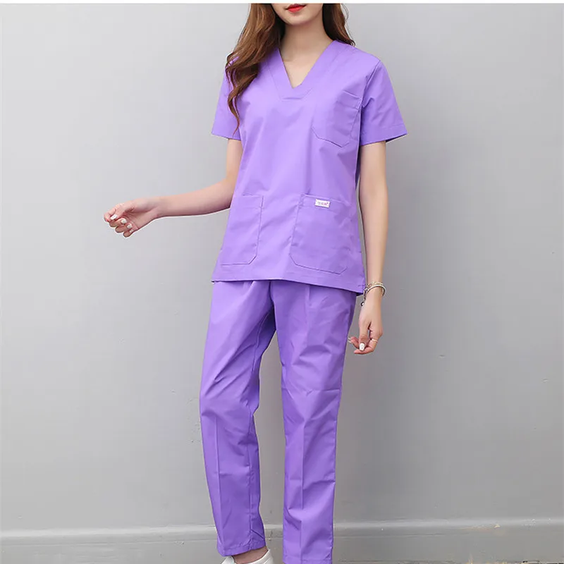 Летняя женская медицинская униформа, скрабы для кормления, одежда с коротким рукавом, одежда для доктора, ручная рабочая одежда, v-образная горловина или униформа для врача - Цвет: Purple Suit