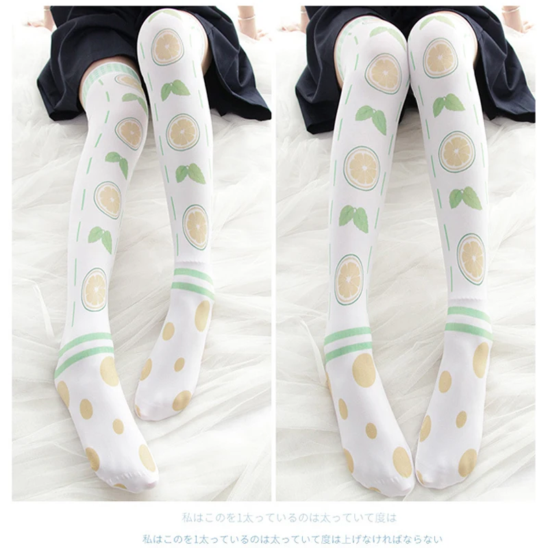 

Lemon Mint Theme Printing Lolita Stockings Velvet Long White Stocking Student Girls Women's Overknee Tights Socks 65cm