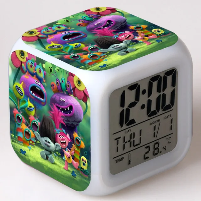 С героями мультфильма «тролли» из кинофильма "будильник часы-будильник с персонажами из мультфильмов для детей Цвет изменение Ночник светодиодные цифровые часы электронные настольные часы - Цвет: Черный
