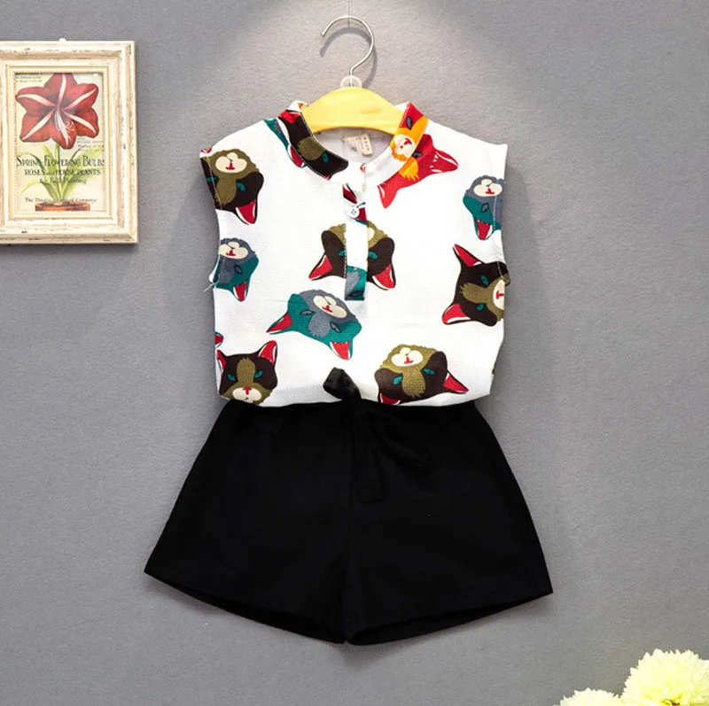 

Girls Clothing Sets 2019 Summer New Fashion Chiffon Cats Top + Solid Color Shorts Suits Kids Clothes