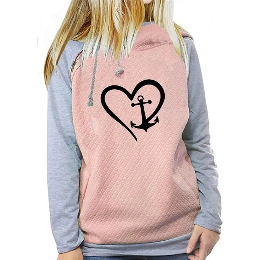 For Women Heart Geometric Print Zipper Decoration Kawaii Sweatshirts Tops Femmes Girls Cute Clothings Hoody Plus Size Cropped