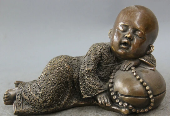 

JP S0524 8" Chinese Buddhism Bronze Folk sleep Tong Zi monk shaveling Statue sculpture B0403