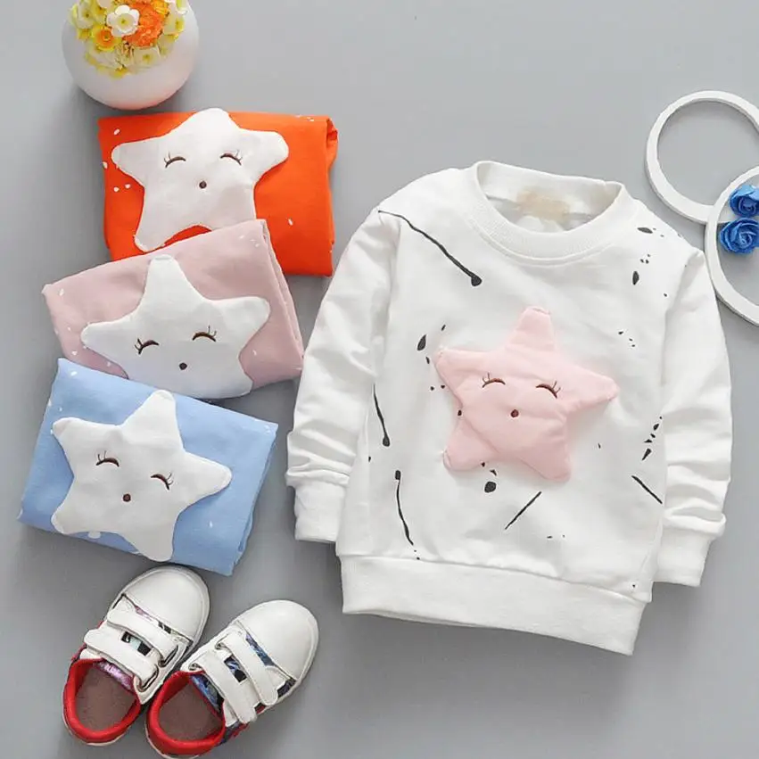 

Infant Children Newborn Baby Boy Sweatshirts Outfits Star Printed Cotton White Orange Long Sleeve Sweatshirts Streetwear Costume