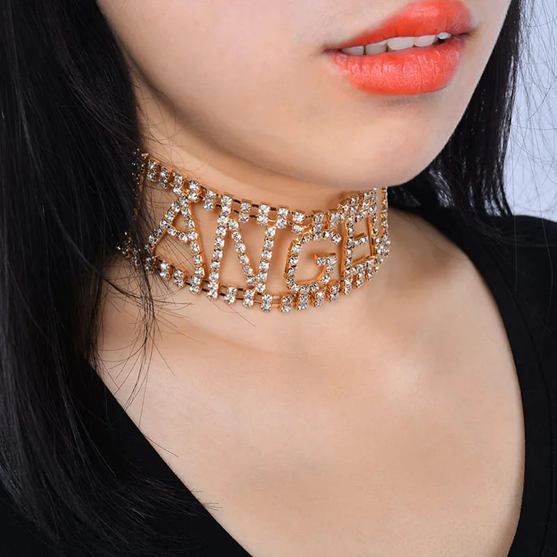 

Sexy Punk Exaggerated Shiny Rhinestone Letter Angel Choker Necklace for Women Lady's Neck Chocker Collar Jewelry Night Party