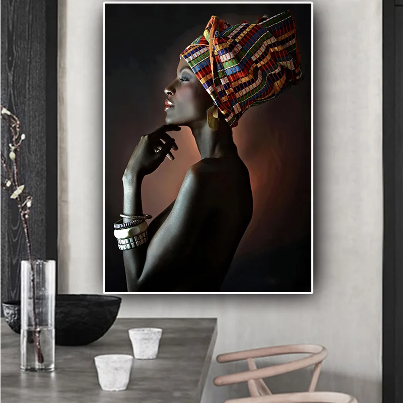 

African Nude Woman Indian Headband Portrait Canvas Painting Posters and Prints Scandinavian Wall Art Picture for Living Room