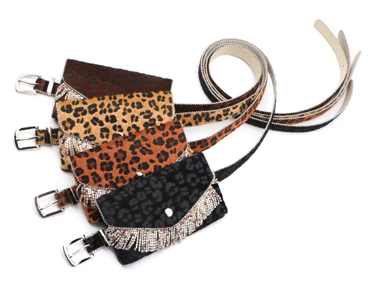 Цветной бриллиант бахрома бусины кайма поясная сумка съемный пояс многофункциональный мобильный телефон сумка Леопардовый принт конский волос bling