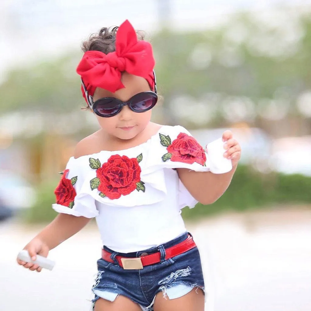 Одежда для маленьких девочек топы с цветочным принтом и розой, джинсовые шорты и штаны, комплект одежды для девочек детская одежда roupa infantil