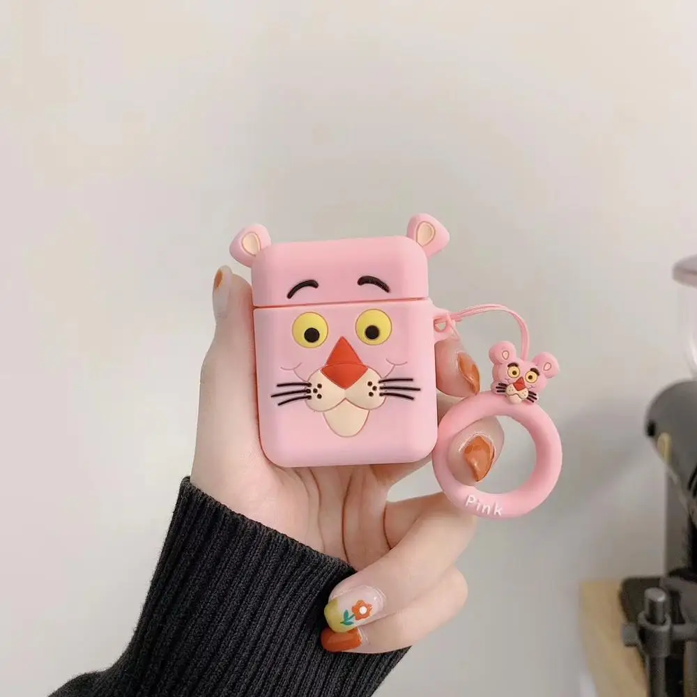 

Cute Cartoon Pink Panther Keychain Silicone Case for Apple Airpods Case Accessories Bluetooth Earphone Protective Cover Keyring
